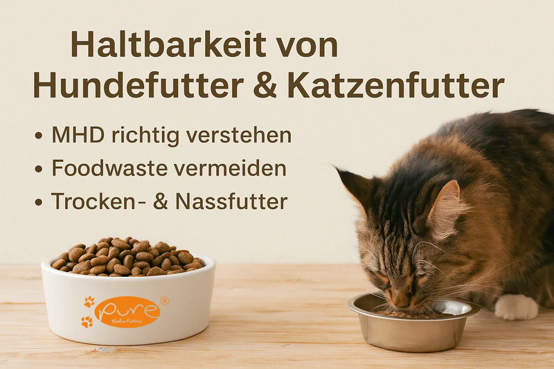 Katze frisst Nassfutter neben einem Napf mit Trockenfutter – Blogbeitrag Haltbarkeit von Hundefutter & Katzenfutter, MHD richtig verstehen und Foodwaste vermeiden.