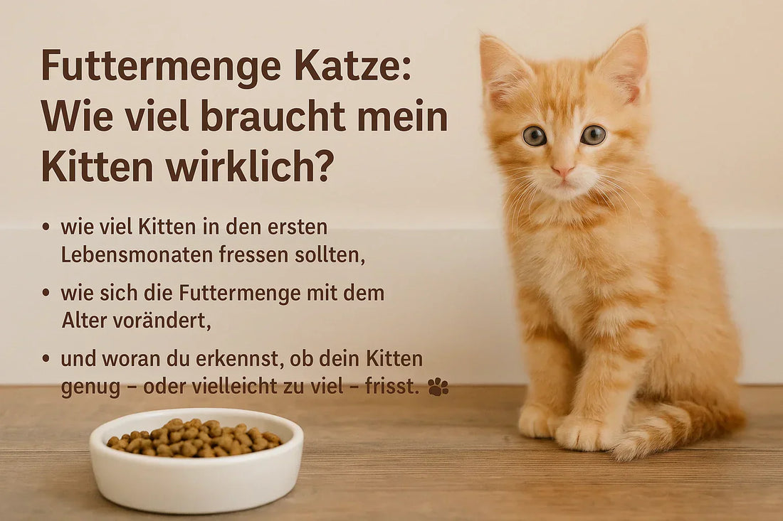 Süsses Kitten sitzt neben Futternapf – Blogbeitrag über Futtermenge für Katzenwelpen