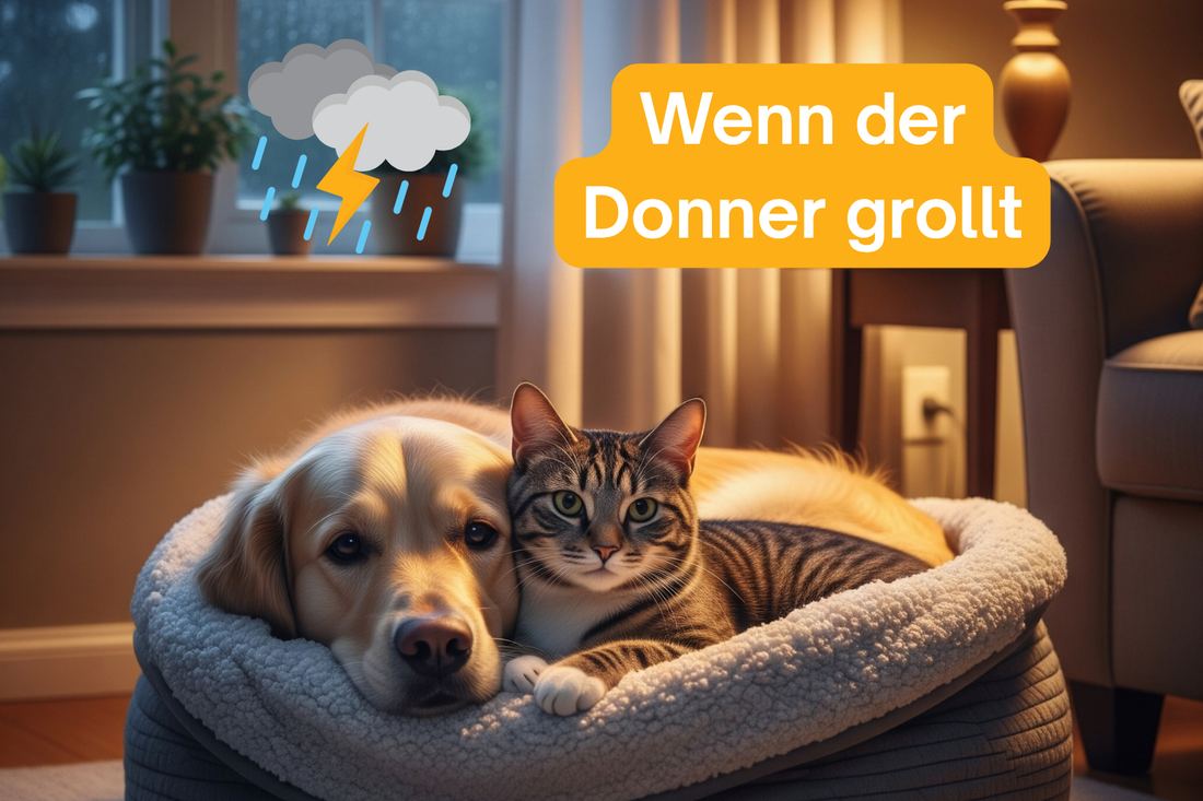 Hund mit besorgtem Blick liegt im sicheren Rückzugsort – Tipps gegen Gewitterangst bei Haustieren