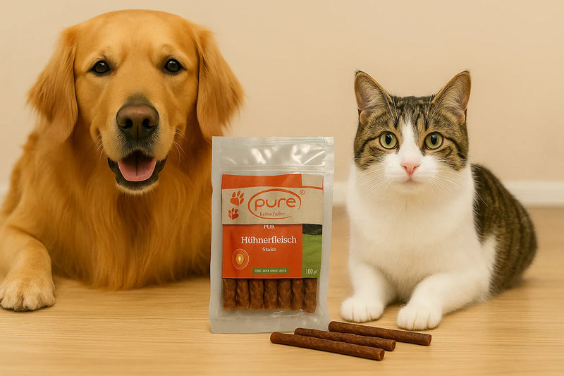 Golden Retriever und Katze sitzen neben einer Packung Pure Naturfutter Hühnerfleisch Sticks – gesunder, getreidefreier Snack für Hunde und Katzen.