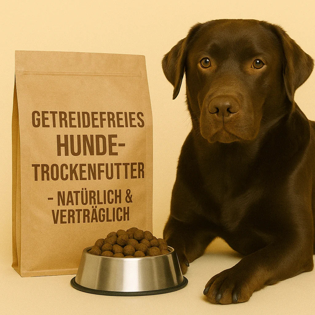 Schokoladenbrauner Labrador Retriever sitzt neben einer braunen Futtertüte mit Aufschrift ‚Getreidefreies Hundetrockenfutter – natürlich & verträglich‘ und einem Edelstahlnapf voller Kroketten.