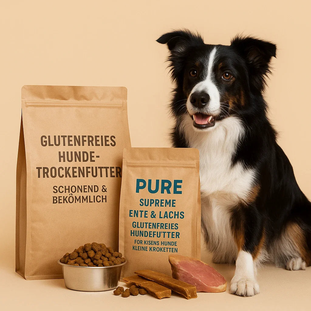 Border Collie sitzt neben zwei Tüten glutenfreiem Hundetrockenfutter ‚Ente & Lachs‘, einem Edelstahlnapf voller Kroketten und frischen Fleischstücken vor beigem Hintergrund.