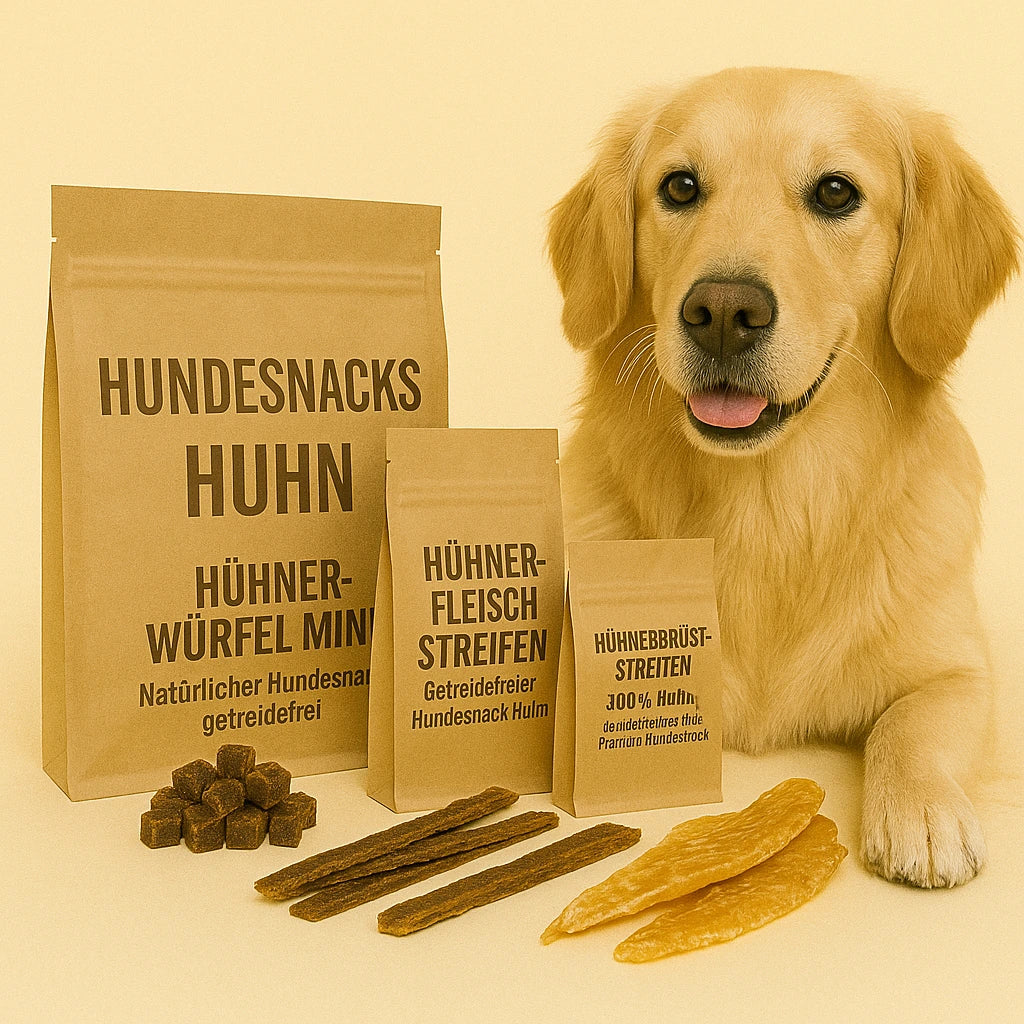 Golden Retriever sitzt neben mehreren braunen Tüten mit Aufschrift ‚Hundesnacks Huhn‘, umgeben von Hühnerwürfeln, Hühnerfleischstreifen, Hühnersticks und Hühnerbruststreifen.