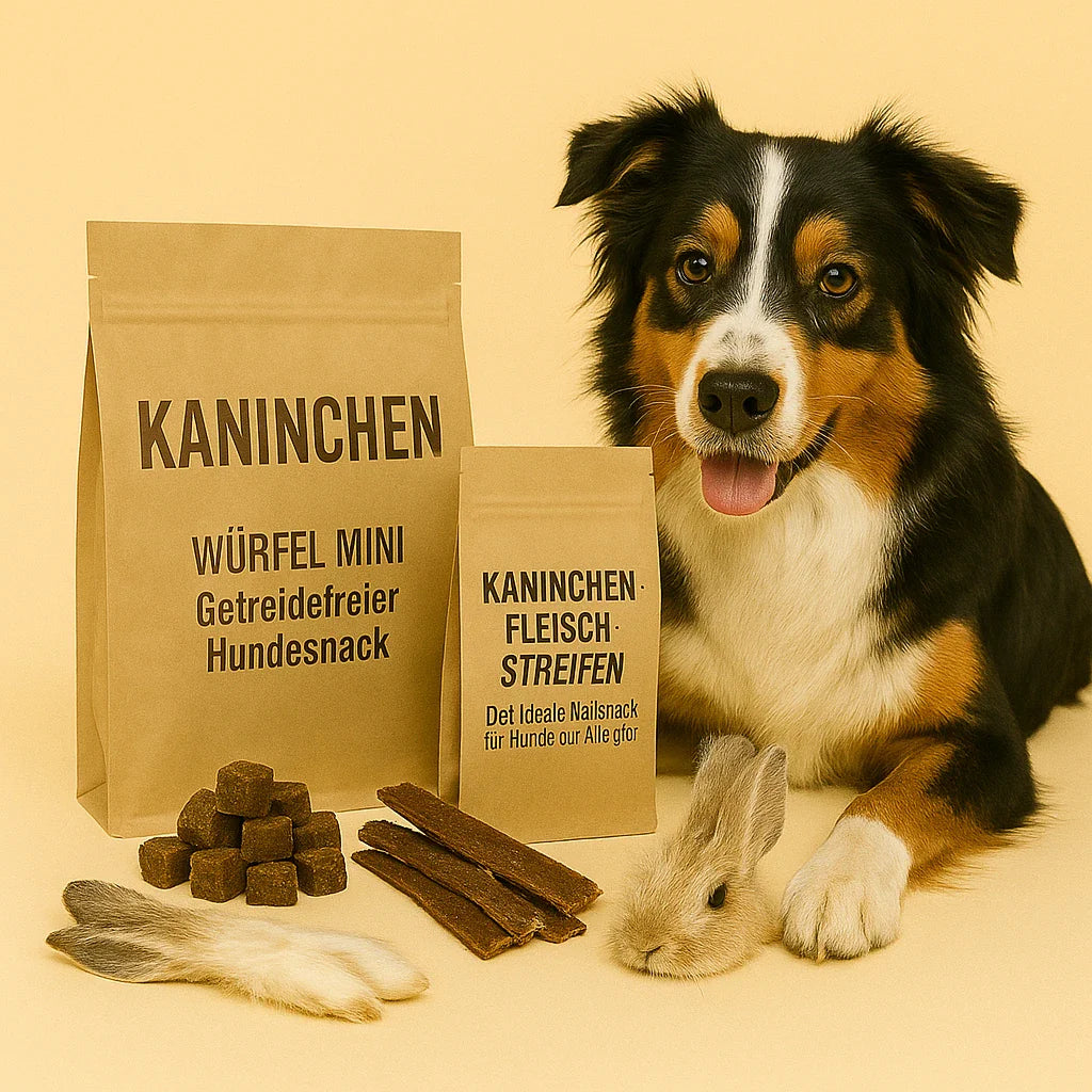 Australian Shepherd liegt neben einer Auswahl an Kaninchen-Hundesnacks: Kaninchen Würfel mini, Kaninchen-Fleischstreifen und Hasenohren mit Fell, präsentiert vor beigem Hintergrund.