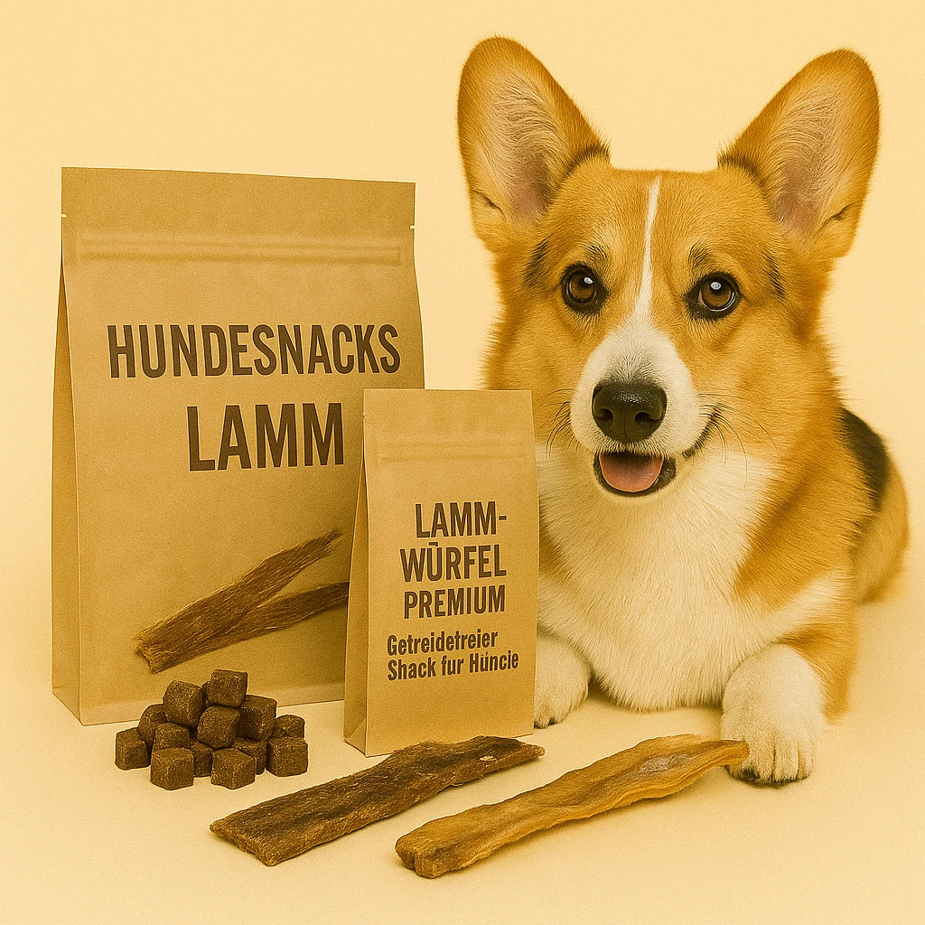 Pembroke Welsh Corgi liegt neben zwei Tüten mit Aufschrift ‚Hundesnacks Lamm‘ und ‚Lamm-Würfel Premium‘, umgeben von Lammwürfeln und getrockneter Lamm-Kopfhaut vor beigem Hintergrund.