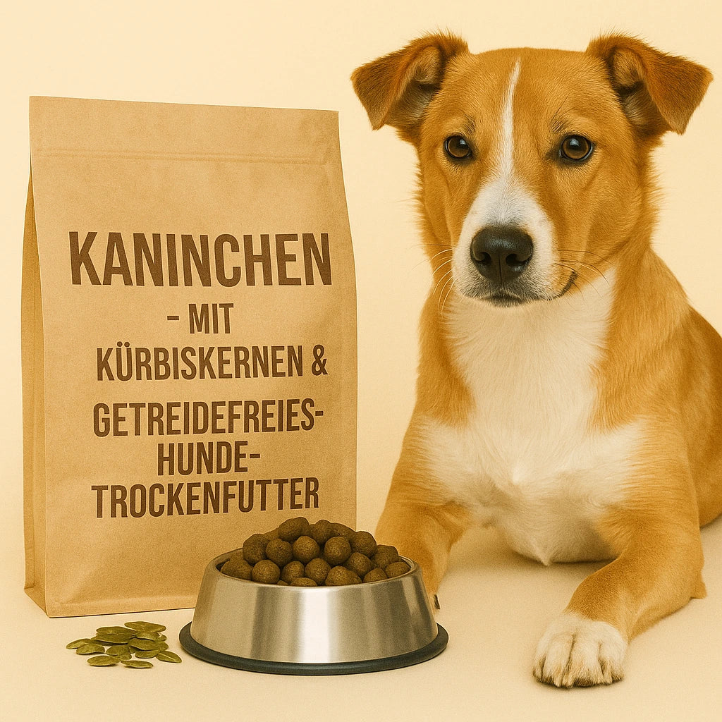 Braun-weisser Hund sitzt neben einer braunen Futtertüte mit Aufschrift ‚Kaninchen – mit Kürbiskernen & getreidefreies Hundetrockenfutter‘, einem Edelstahlnapf voller Kroketten und einigen Kürbiskernen.