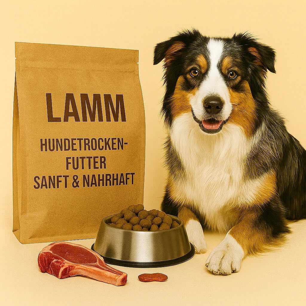 Tricolor Australian Shepherd sitzt neben einer braunen Futtertüte mit Aufschrift ‚Lamm – Hundetrockenfutter sanft & nahrhaft‘, einem Edelstahlnapf voller Kroketten und einem frischen Lammkotelett.