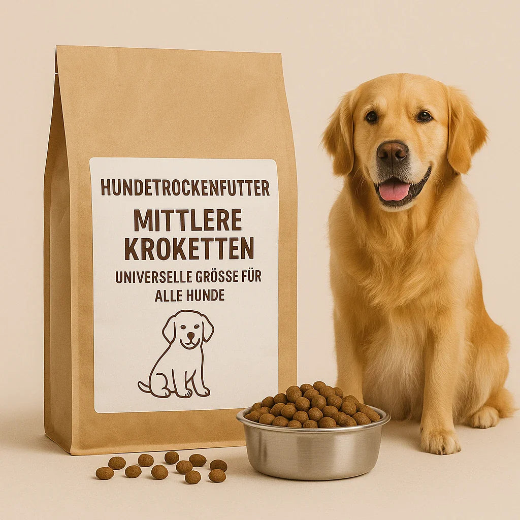 Golden Retriever sitzt neben einer braunen Futtertüte mit Aufschrift ‚Hundetrockenfutter mittlere Kroketten – universelle Grösse für alle Hunde‘ und einem Napf voller Kroketten.