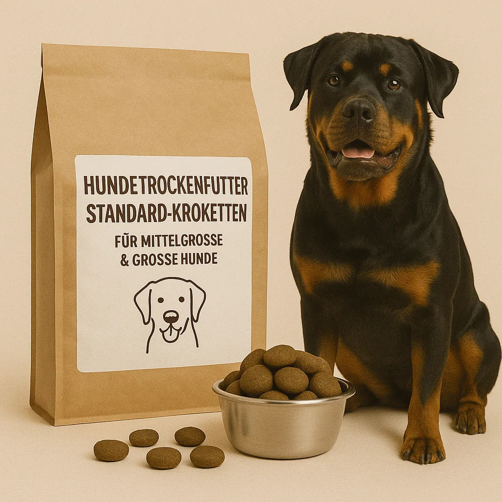 Rottweiler sitzt neben einer grossen braunen Futtertüte mit Aufschrift ‚Hundetrockenfutter Standard-Kroketten – für mittelgrosse & grosse Hunde‘ und einem Napf voller grosser Kroketten.