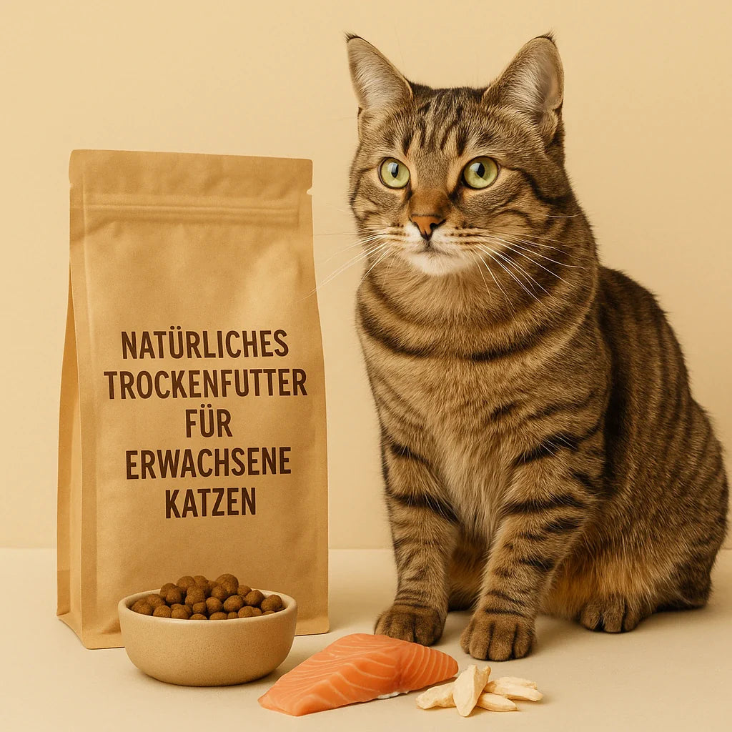 Getigerte Hauskatze mit grünen Augen sitzt neben einer braunen Tüte mit Aufschrift ‚Natürliches Trockenfutter für erwachsene Katzen‘, einem Napf mit Trockenfutter sowie frischem Lachs und Hühnerstückchen.
