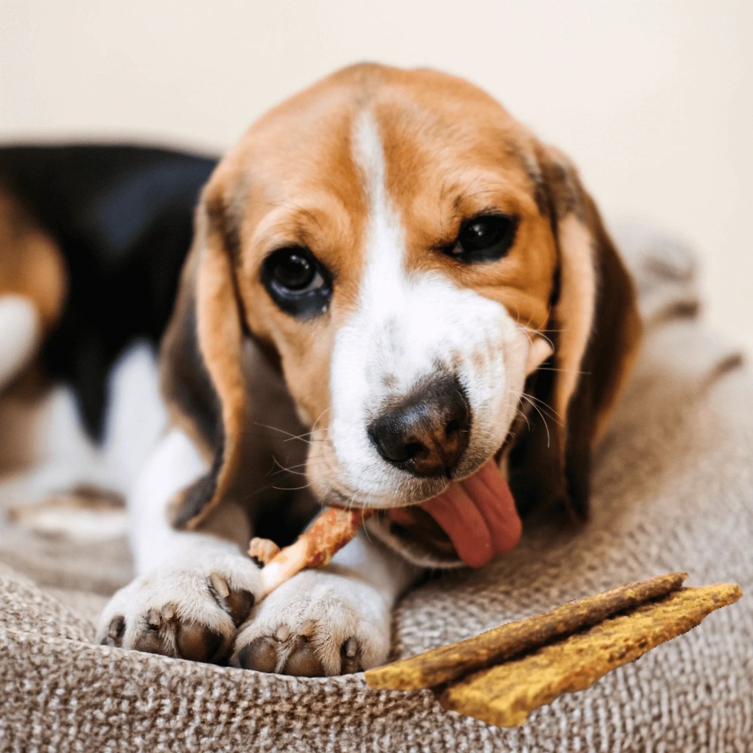 Beagle-Welpe liegt auf einem Kissen und knabbert an einem natürlichen Leckerli.