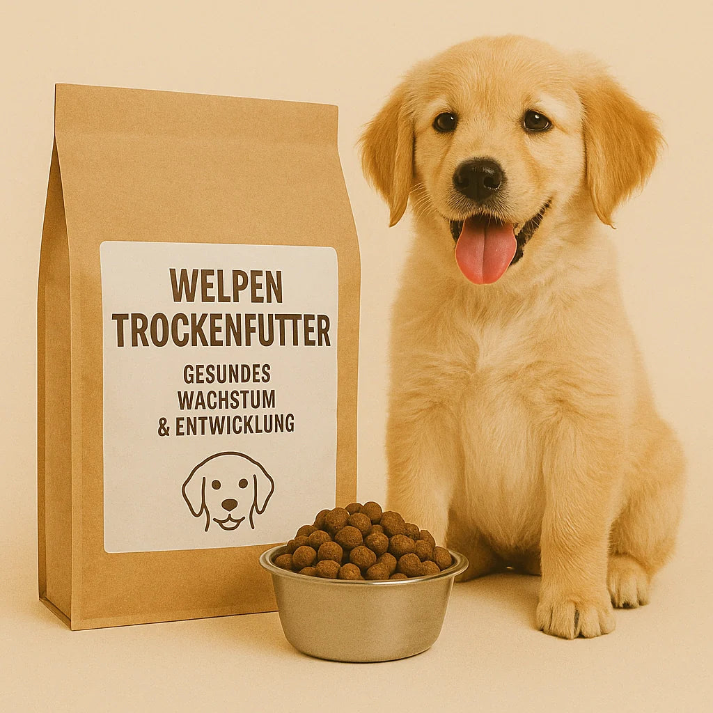 Golden Retriever Welpe sitzt neben einer braunen Futtertüte mit Aufschrift ‚Welpen Trockenfutter – gesundes Wachstum & Entwicklung‘ und einem Napf voller Kroketten.