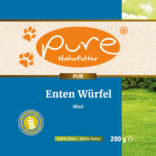 Enten Würfel Mini von PURE Naturfutter – getreidefreier Hundesnack mit 99 % Ente.