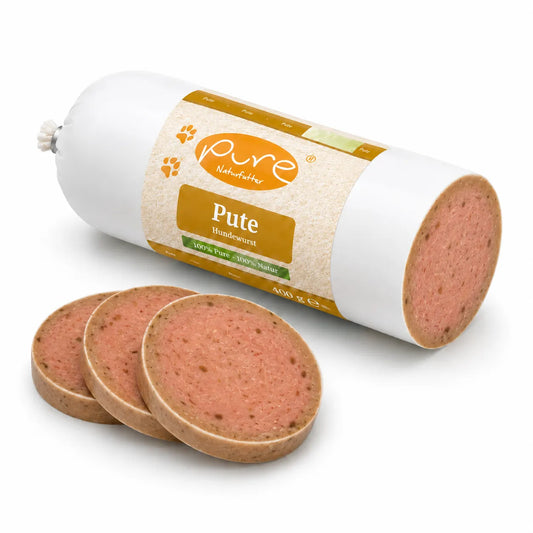 Hundewurst mit Pute mit Anschnitt und Scheiben