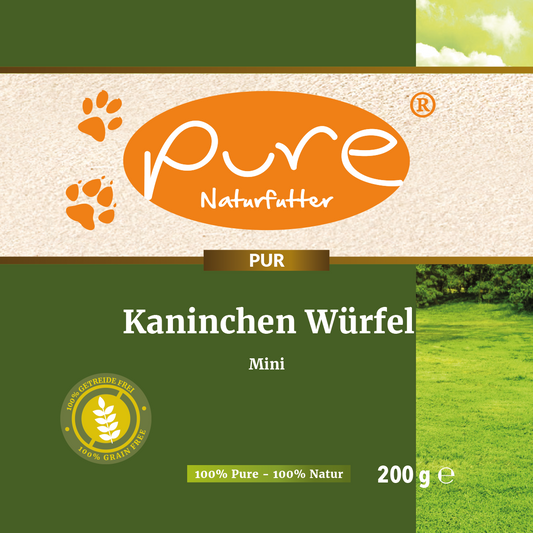 PURE Naturfutter Kaninchen Würfel Mini – Natürlicher Hundesnack aus 99 % Kaninchen, 200 g Beutel