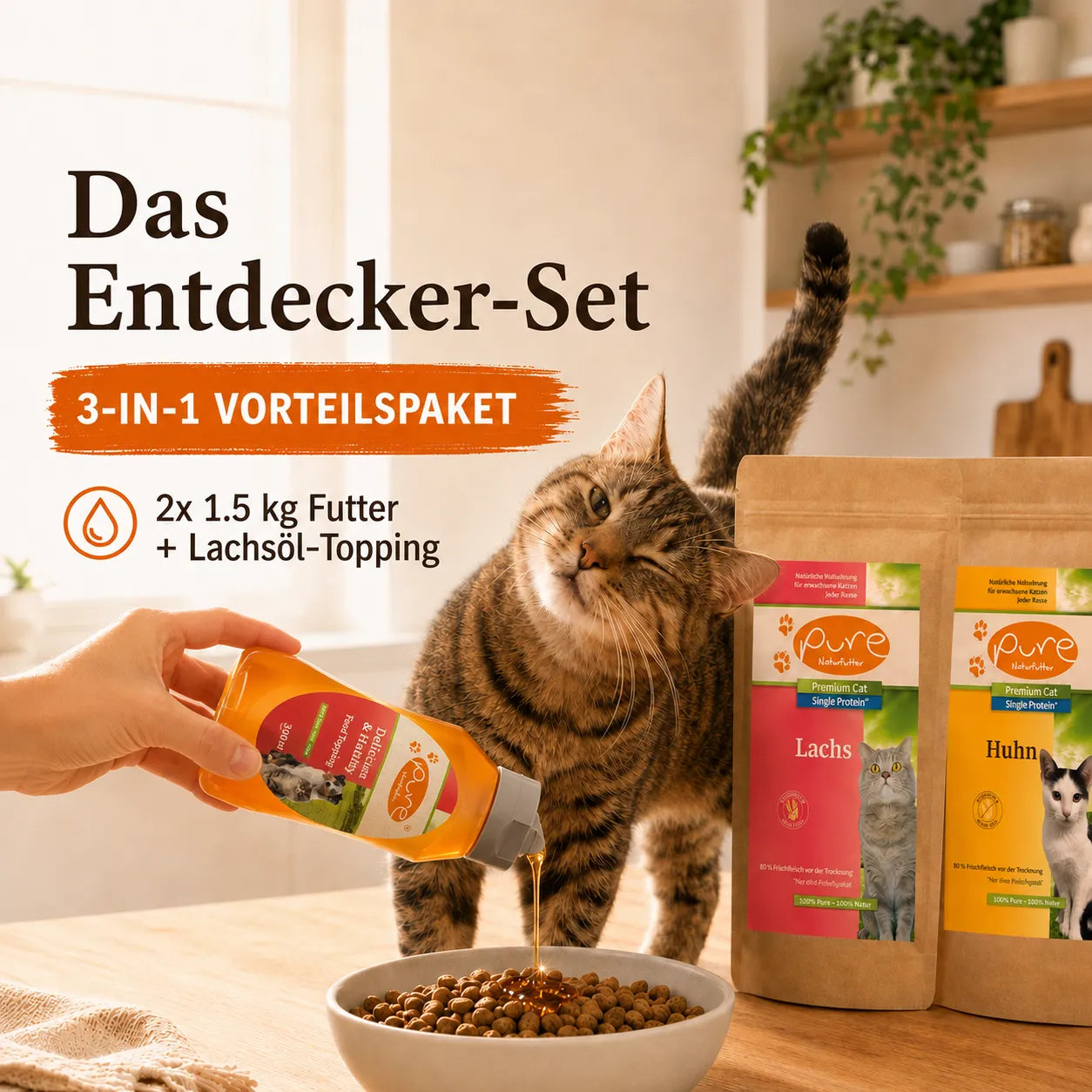 Perfekt kombiniertes Sortiment: Trockenfutter Huhn & Lachs plus leckeres Food Topping im Spar-Paket.
