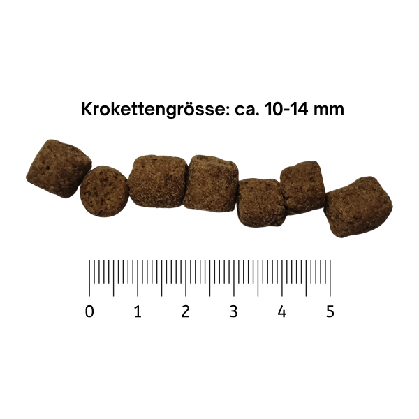 Abbildung der Krokettengrösse ca. 10-14 mm des Trockenfutter Ente & Lachs  für Hund