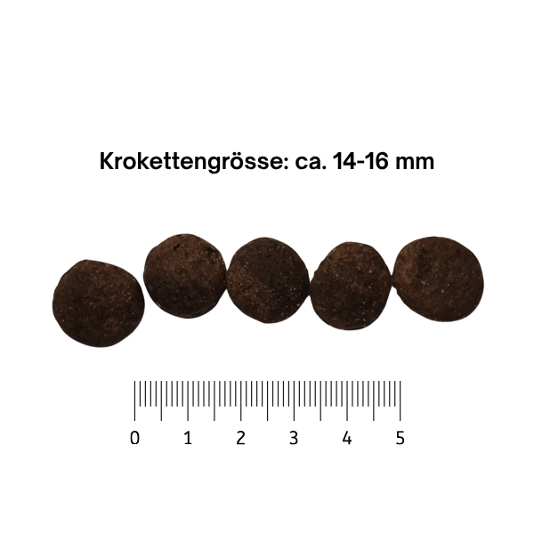 Abbildung der Krokettengrösse ca. 14-16 mm des Trockenfutter Huhn für Hunde