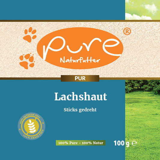 PURE Lachshaut Sticks gedreht – 100 g, natürlicher Fisch-Kausnack für Hunde, getreidefrei