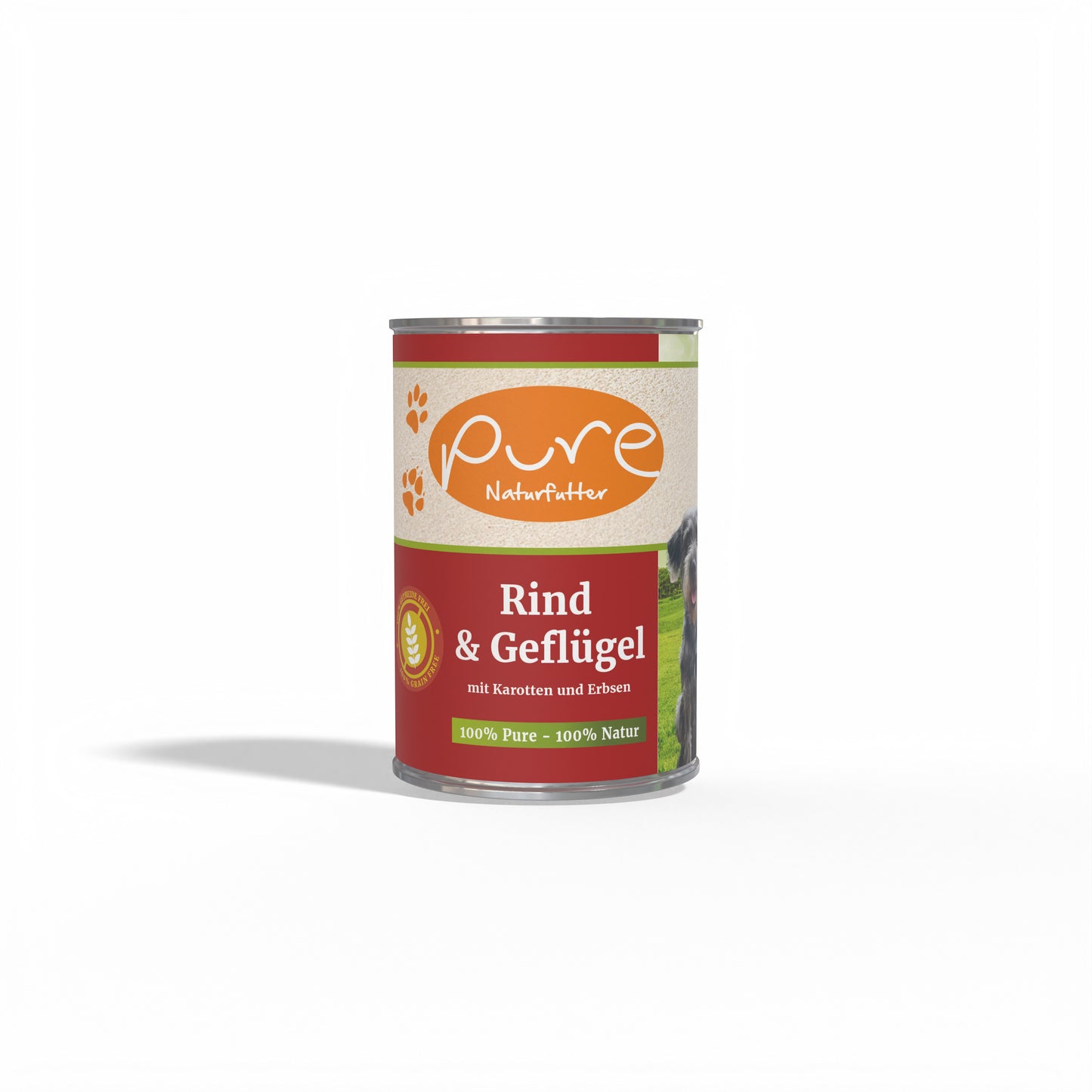 Produktbild PURE Hundemenü Rind & Geflügel 400g – getreidefreies, BARF-geeignetes Nassfutter mit 64 % Fleisch, Karotten & Erbsen für Hunde jeder Altersstufe