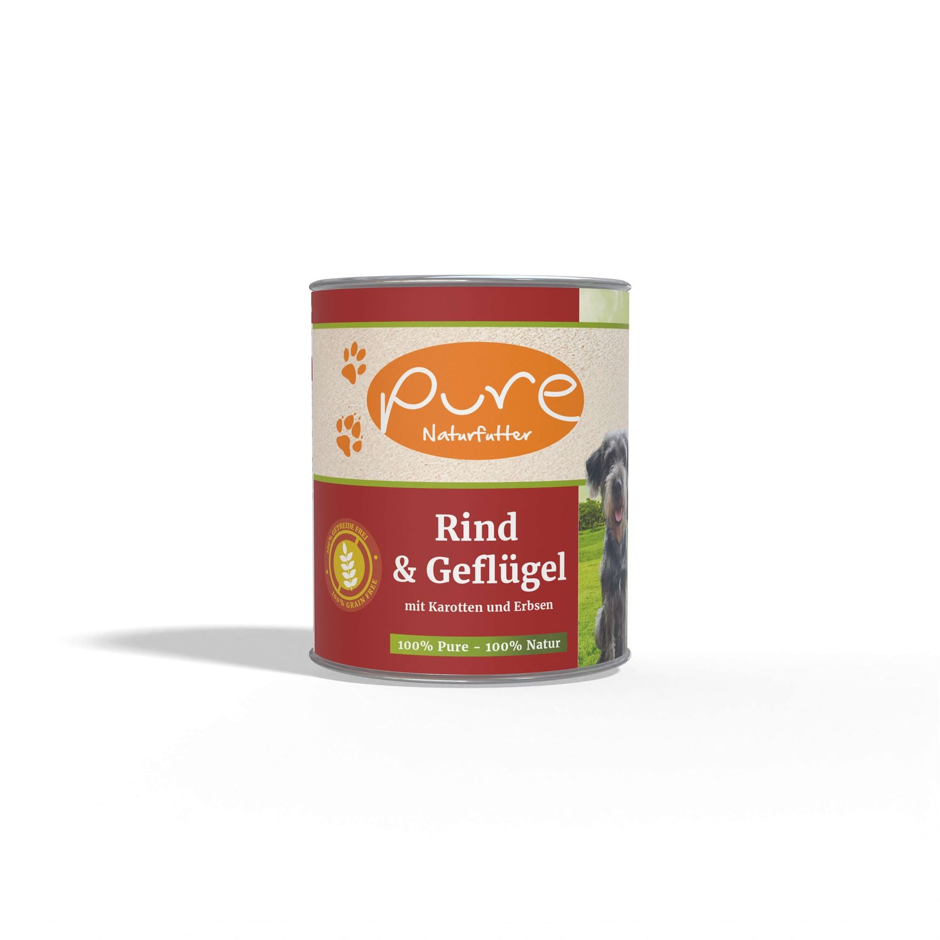 Produktbild PURE Hundemenü Rind & Geflügel 800 g – getreidefreies, BARF-geeignetes Nassfutter mit 64 % Fleisch, Karotten & Erbsen für Hunde jeder Altersstufe