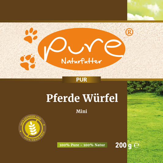 PURE Pferde Würfel Mini Front – getreidefreier Hundesnack mit 99 % Pferdefleisch, 200 g Packung