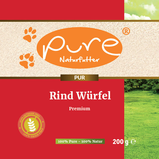 PURE Naturfutter Rind Würfel Premium – Produktvorderseite mit Label und 200 g Verpackung