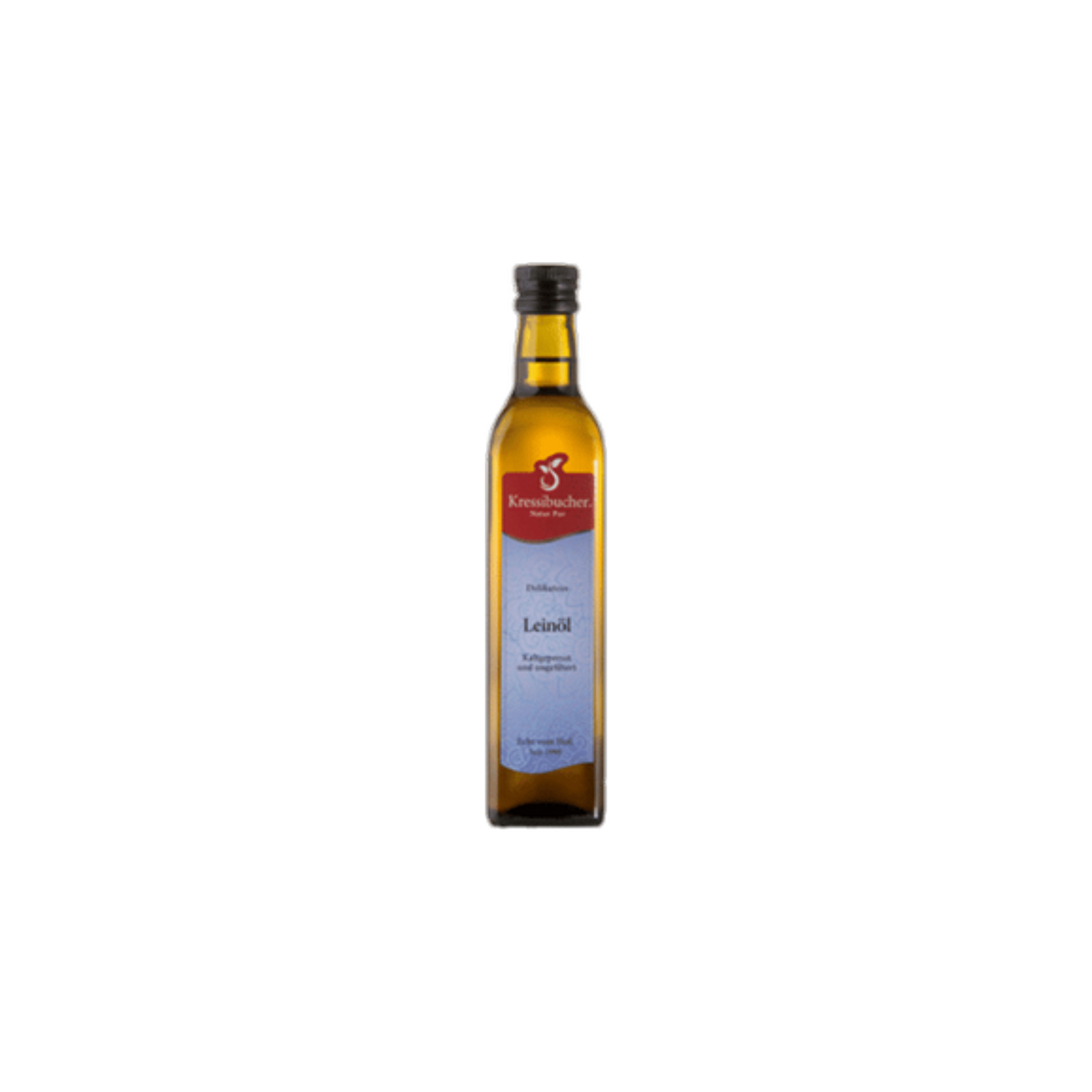 Delikatess Leinöl aus dem Thurgau in einer 50 cl Flasche – hochwertiges, kaltgepresstes Öl für die gesunde Ernährung von Haustieren.