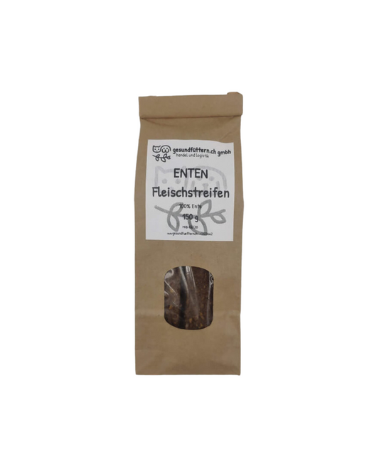 Enten Fleischstreifen 150g – schmackhafte, proteinreiche Leckerlis für Hunde, perfekt für gesunde Belohnungen und Kauspaß.