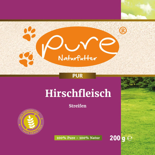 PURE Naturfutter Hirschfleisch Streifen 200 g – getreidefreier Hundesnack aus 98,7 % Hirschfleisch, 100 % natürlich, ohne künstliche Zusatzstoffe.