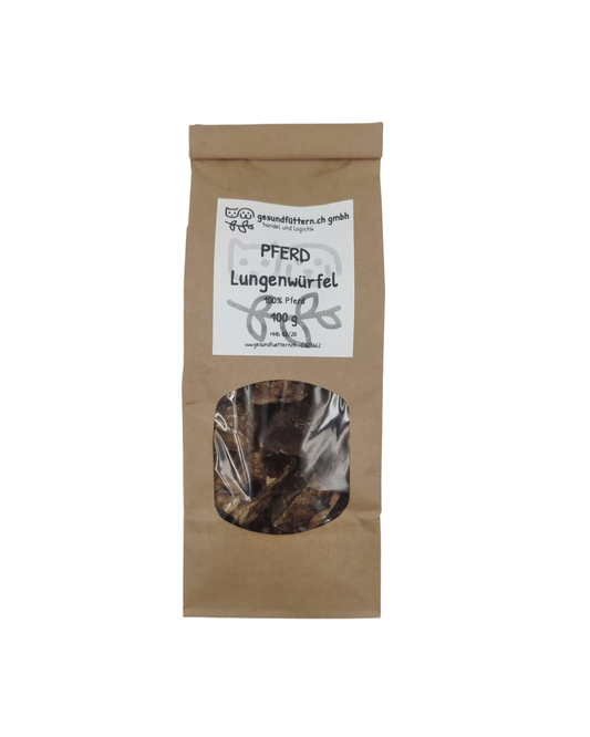 Pferde Lungenwürfel 100g – proteinreiche, natürliche Leckerlis für Hunde, ideal für gesunde Belohnungen und Kauspaß.