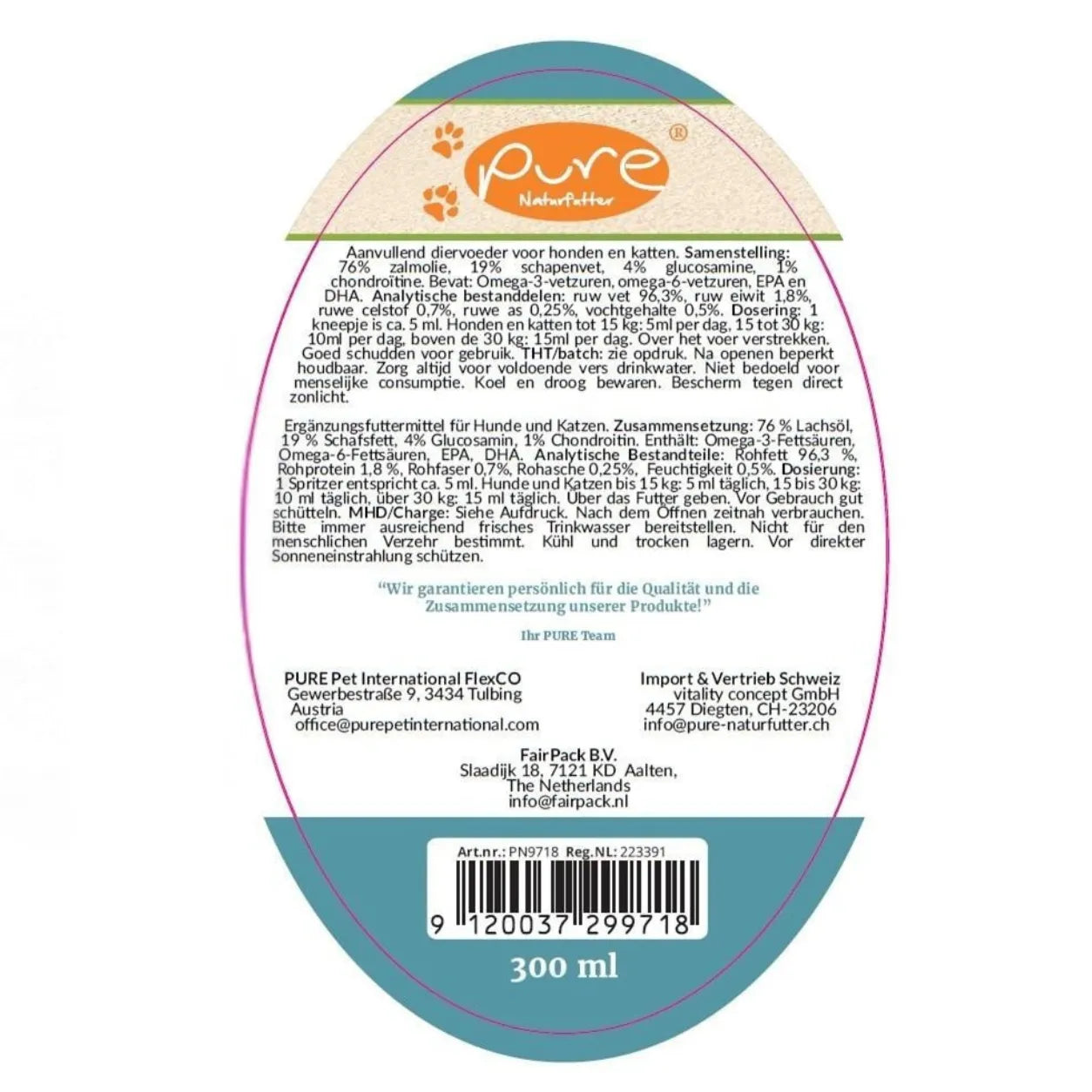 Rücketikette des PURE GlucoMotion Food Topping 300 ml mit Zusammensetzung und Fütterungsempfehlung
