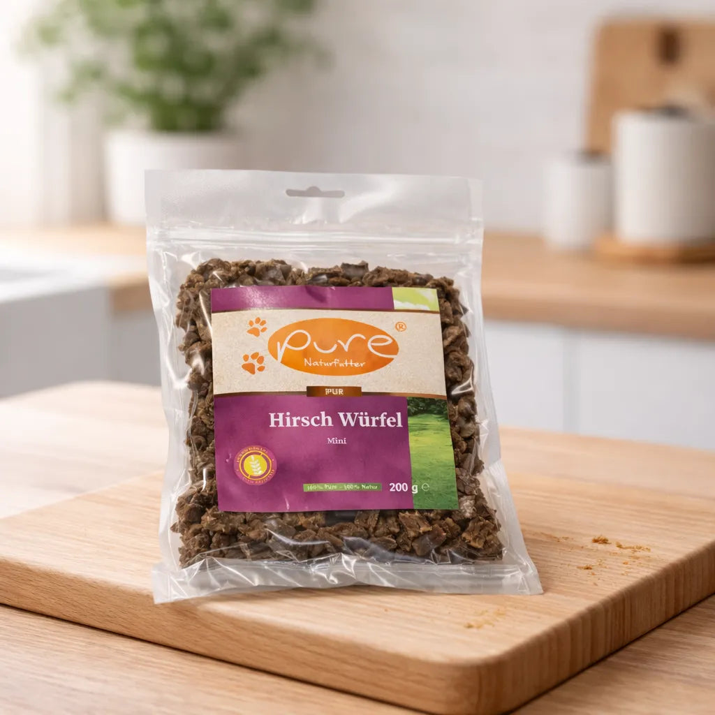 PURE Hirsch Würfel Mini für Hunde auf Holzbrett, natürlicher Belohnungssnack aus Hirsch