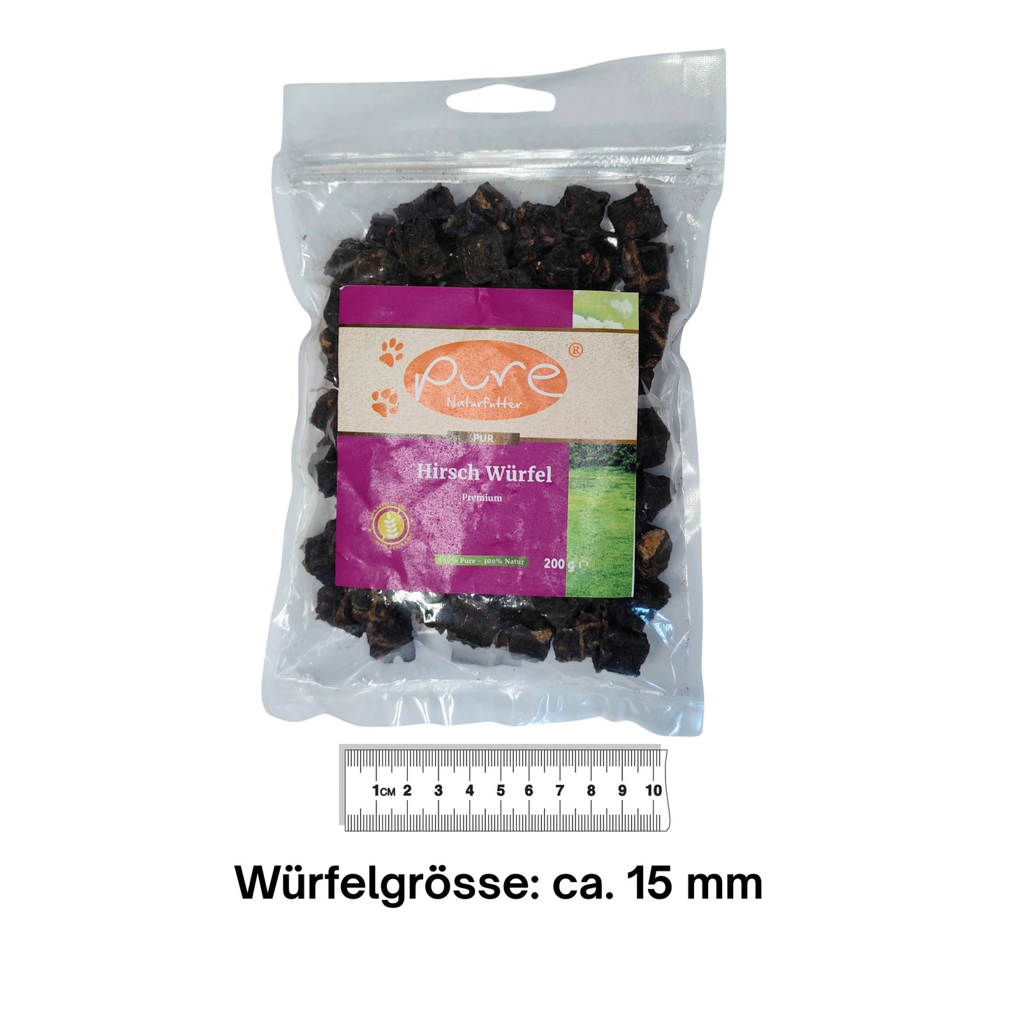 PURE Naturfutter Hirsch Würfel Premium – Würfelgrösse ca. 15 mm, naturbelassener Hundesnack aus Hirschfleisch, 200 g