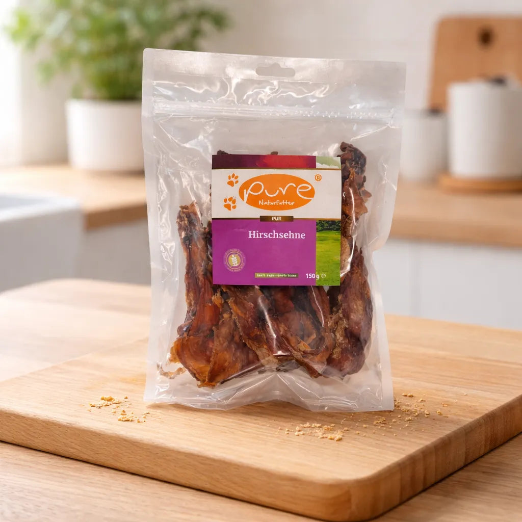 PURE Hirschsehne Hundesnack auf Holzbrett, schonend getrockneter Naturkauartikel