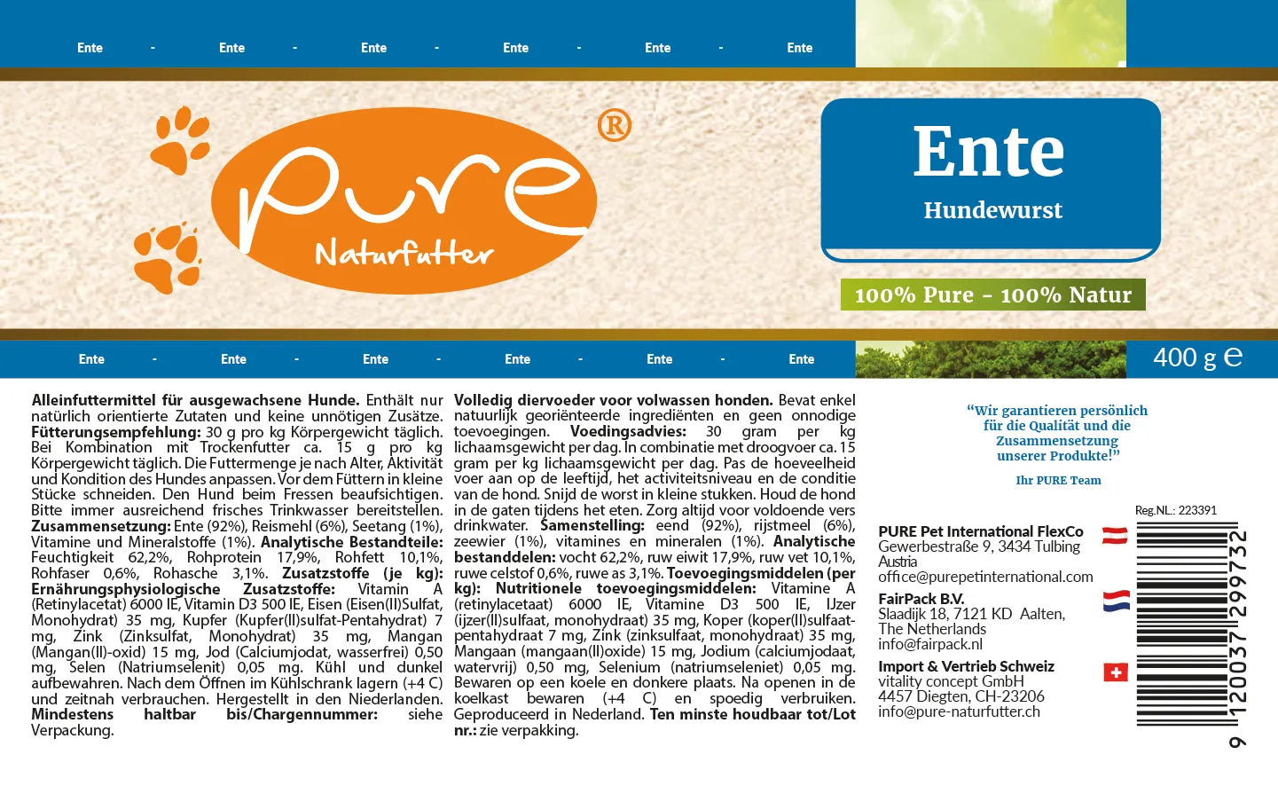 PURE Hundewurst Ente 400 g Etikette mit Zusammensetzung und Fütterungsempfehlung