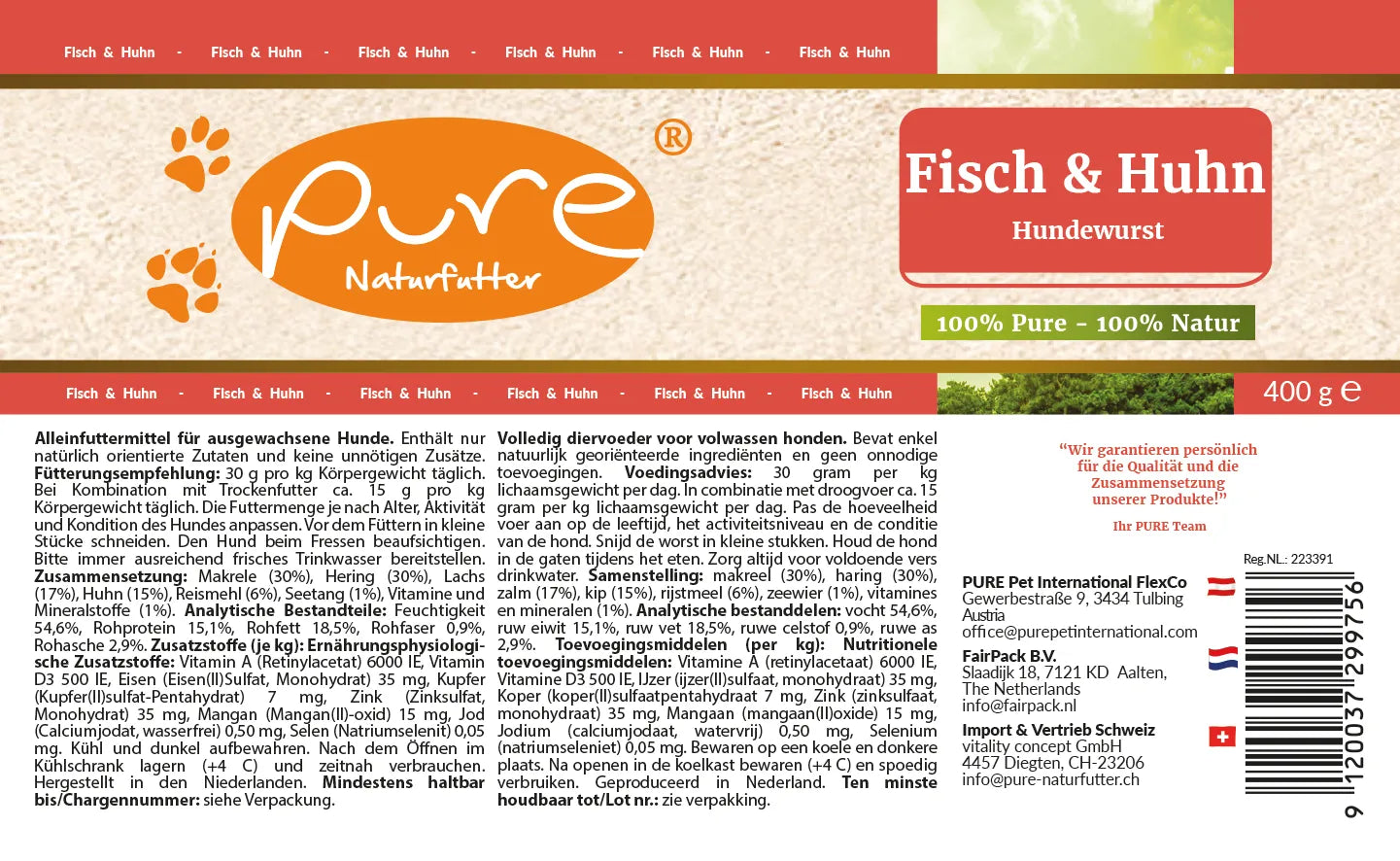 PURE Hundewurst Fisch & Huhn 400 g Etikette mit Zusammensetzung und Fütterungsempfehlung