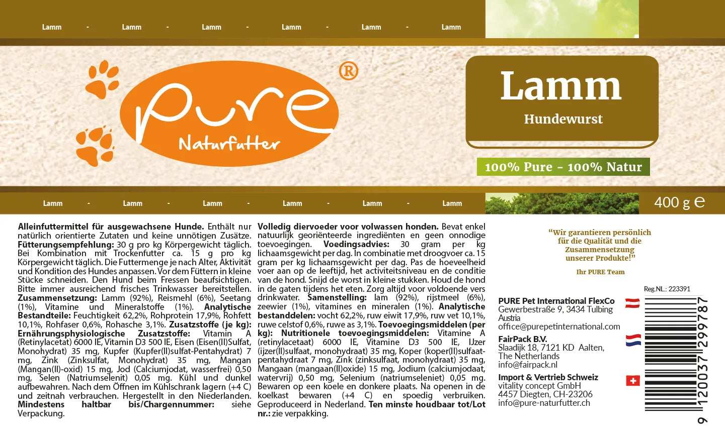 PURE Hundewurst Lamm 400 g Etikette mit Zusammensetzung und Fütterungsempfehlung