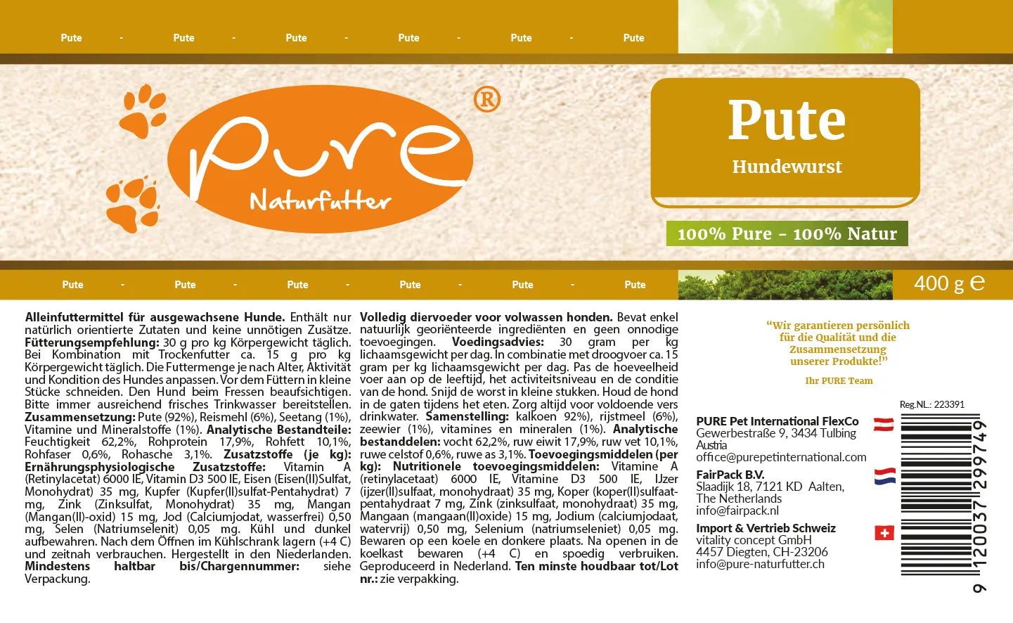 PURE Hundewurst Pute 400 g Etikette mit Zusammensetzung und Fütterungsempfehlung