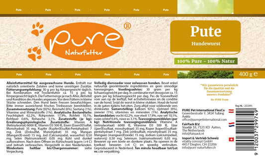 PURE Hundewurst Pute 400 g Etikette mit Zusammensetzung und Fütterungsempfehlung