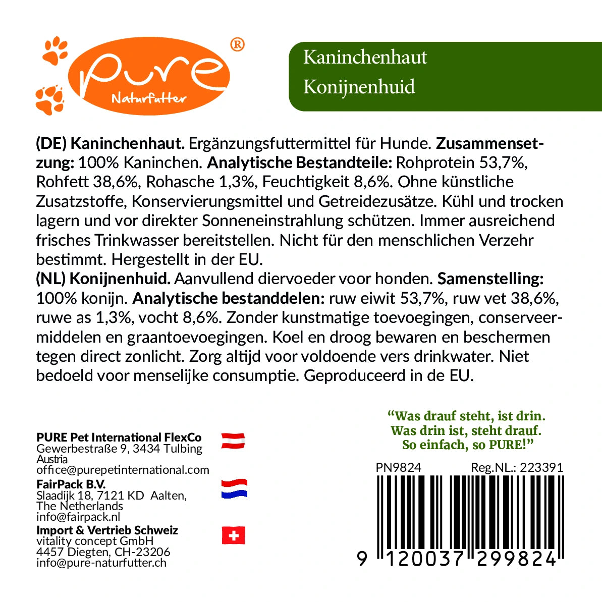 Rückseitenetikett PURE Kaninchenhaut 200 g – Deklaration, Zusammensetzung und Analytik