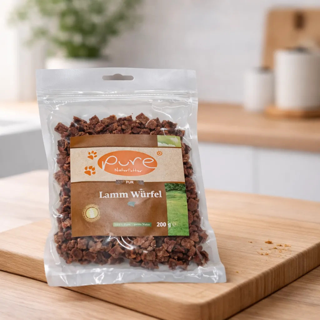 PURE Lamm Würfel Mini für Hunde auf Holzbrett, natürlicher Snack ohne Zusatzstoffe
