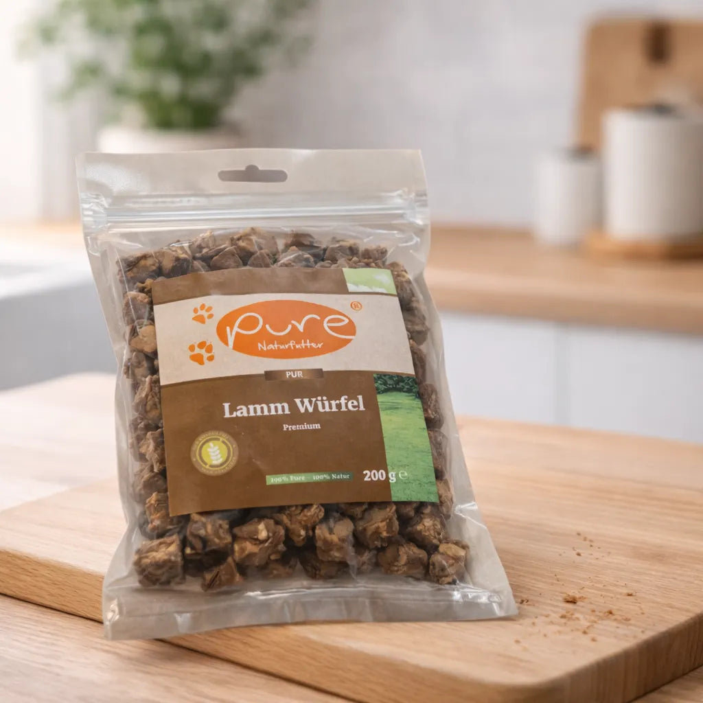 PURE Lamm Würfel Premium für Hunde auf Holzbrett, natürlicher Snack ohne Zusatzstoffe