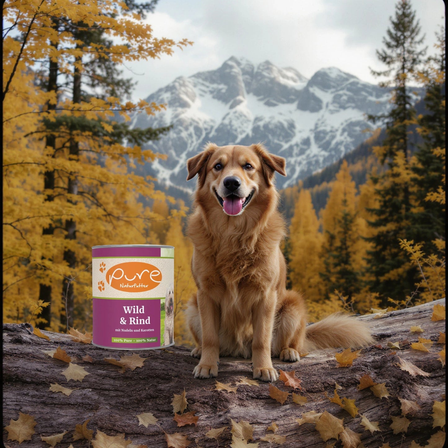 Hund sitzt vor einer Dose PURE Naturfutter Wild & Rind in herbstlicher Alpenlandschaft mit goldenen Bäumen und schneebedeckten Bergen im Hintergrund.