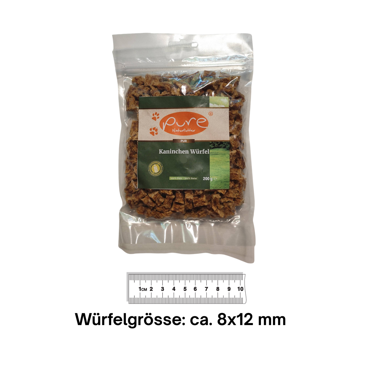 Pure Naturfutter Kaninchen Würfel Soft 200 g – natürliche Hundesnacks aus 100 % Kaninchenfleisch, Würfelgröße ca. 8x12 mm, ideal als schonende Belohnung oder Training-Leckerli für empfindliche Hunde.