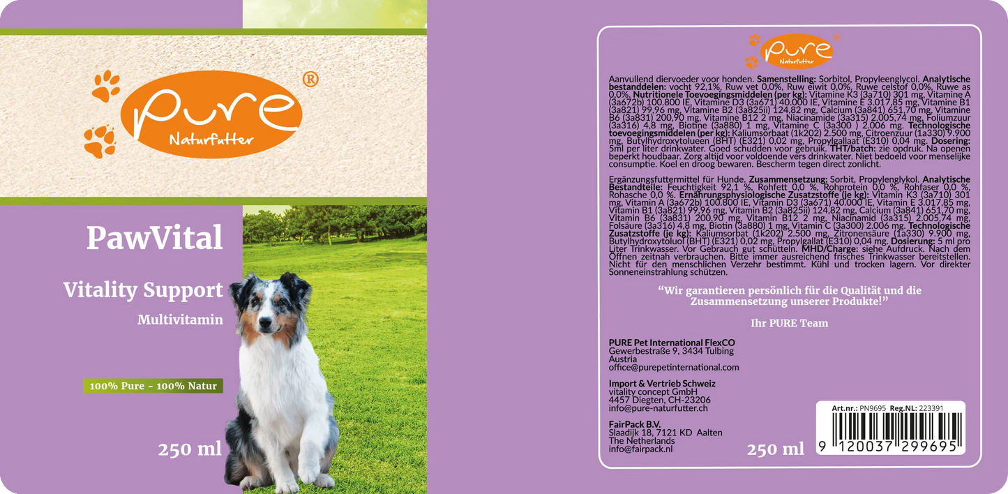 PURE PawVital Multivitamin für Hunde 250 ml Etikette mit Zusammensetzung und Dosierung