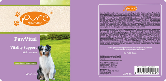 PURE PawVital Multivitamin für Hunde 250 ml Etikette mit Zusammensetzung und Dosierung