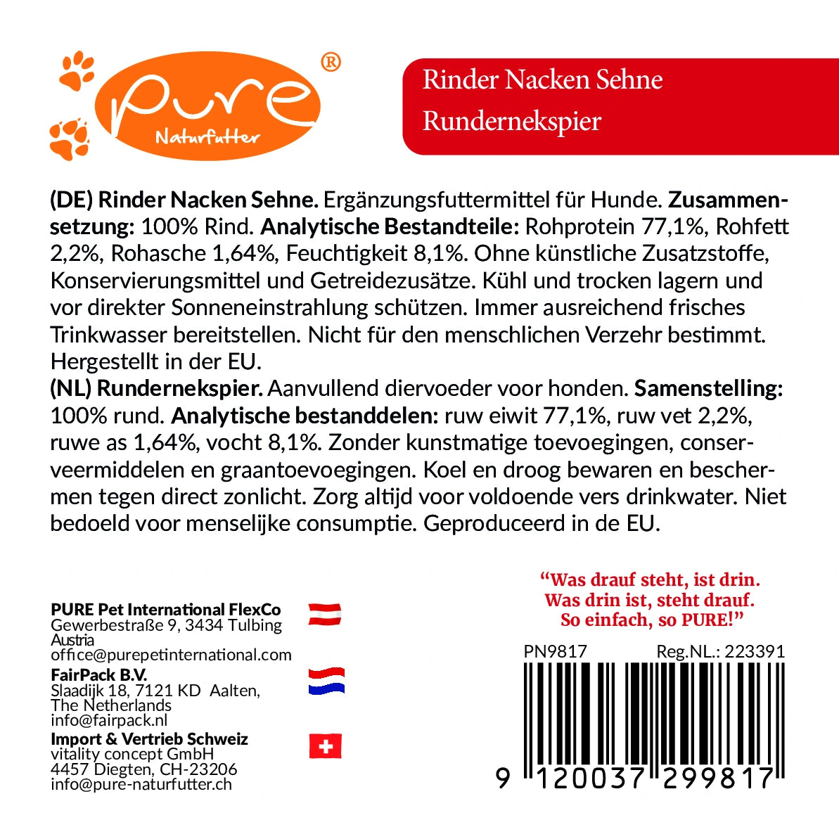 Rinder Nacken Sehne 500 g – Rückseite mit Zusammensetzung (100% Rind) und analytischen Bestandteilen