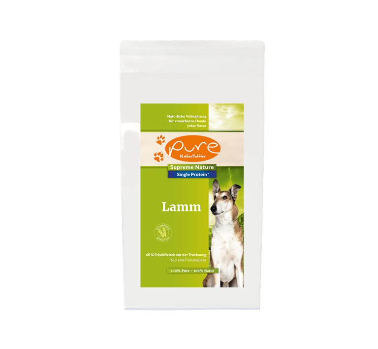 Pure Supreme Nature Dog Single-Protein Lamm 1,5kg – getreidefreies Hundefutter mit hochwertigem Lamm, ideal für eine gesunde Ernährung und glänzendes Fell bei Hunden.
