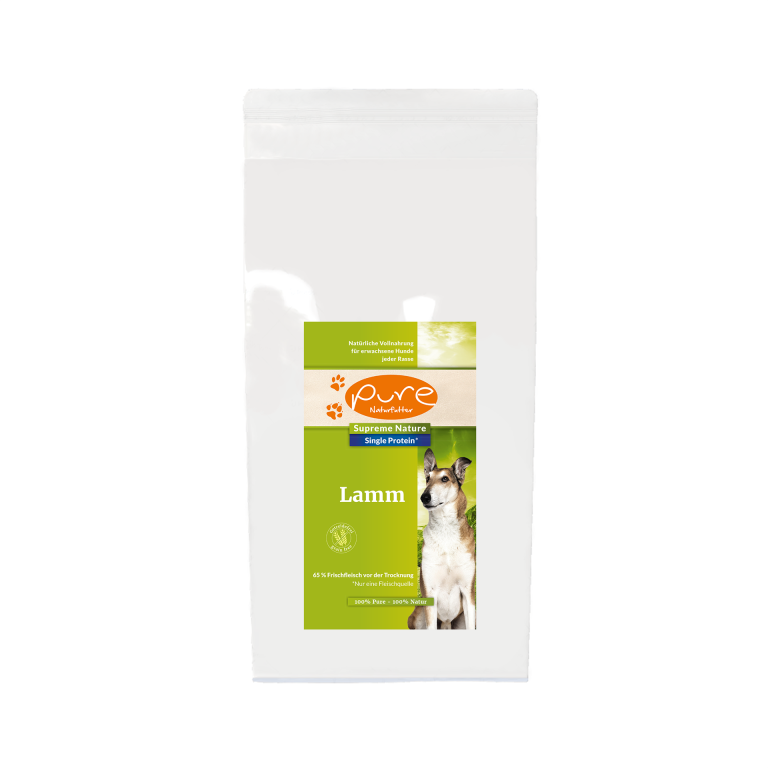 Pure Supreme Nature Dog Single-Protein Lamm 10kg – getreidefreies Hundefutter mit hochwertigem Lamm, ideal für eine gesunde Ernährung und glänzendes Fell bei Hunden.